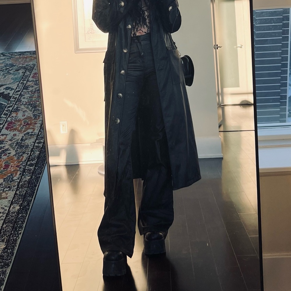 Black faux leather fit then flare pants